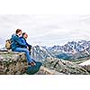 Father and daughter enjoying scenic Canadian Rocky Mountains view in Jasper National park