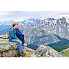 Father and daughter enjoying scenic Canadian Rocky Mountains view in Jasper National park