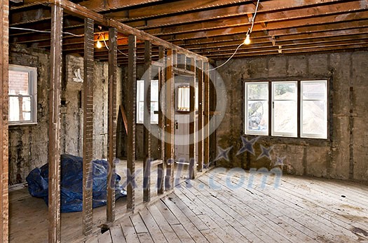 Interior of a house under gut renovation at construction site