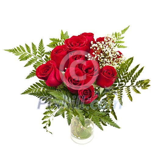 Bouquet of fresh red roses in a vase isolated on white background