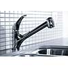 Stainless steel kitchen faucet and sink with tile backsplash