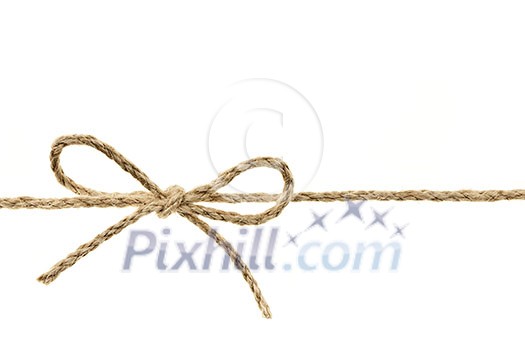 Closeup of braided twine tied in a bow knot isolated on white background