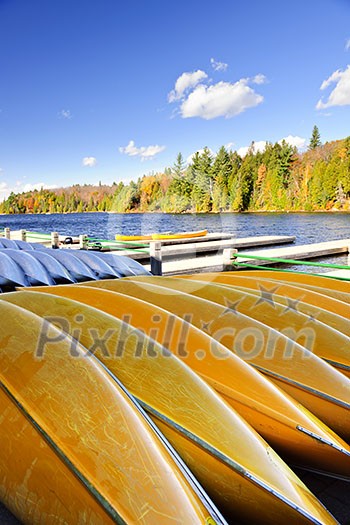 Canoes for rent on fall lake in Algonquin Park, Ontario, Canada Canoes for rent on fall lake in Algonquin Park, Ontario, Canada
