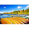 Canoes for rent on fall lake in Algonquin Park, Ontario, Canada