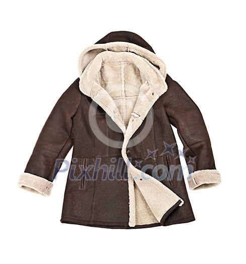 Warm brown shearling winter coat isolated on white