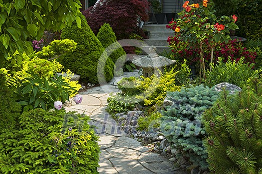 Natural flagstone path landscaping in home garden Natural flagstone path landscaping in home garden