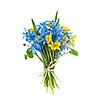 Tied bouquet of blue and yellow spring flowers isolated on white background