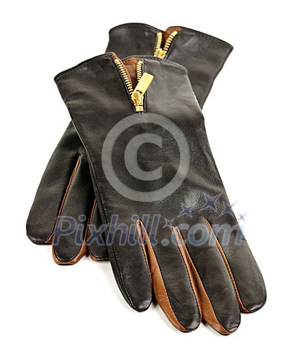 Brown leather female gloves isolated on white background Brown leather female gloves isolated on white background