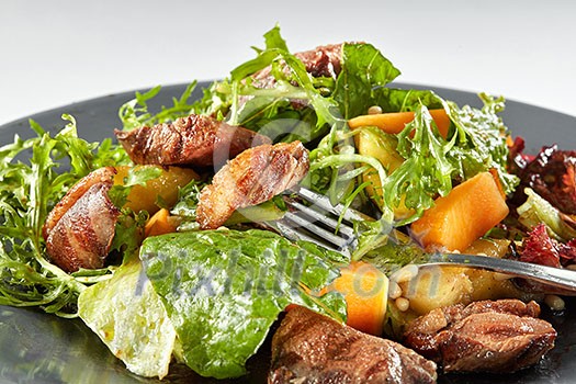 Overhead view of delicious, grilled meat duck with roasted pumpkin Overhead view of delicious, grilled meat duck with roasted pumpkin