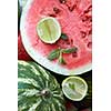 pieces of fresh watermelon as background with slice lime and mint