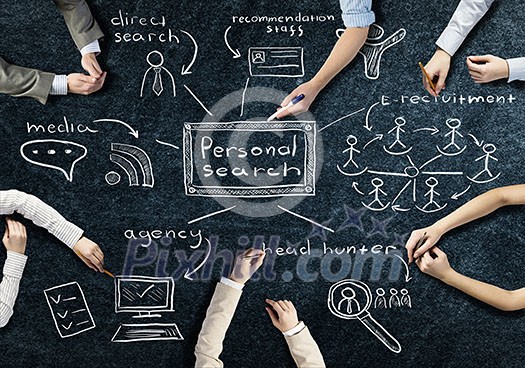 Top view of people hands drawing business teamwork strategy Top view of people hands drawing business teamwork strategy