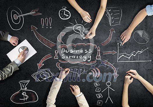 Top view of people hands drawing business teamwork strategy