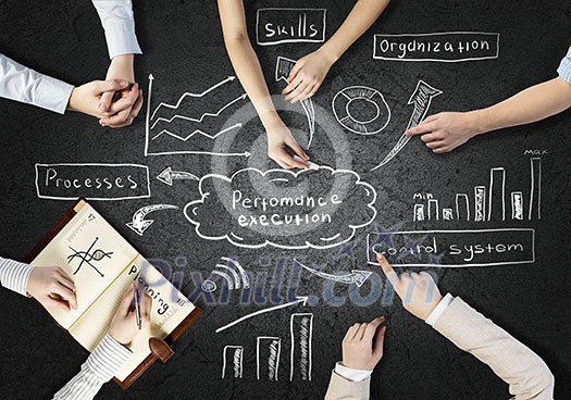 Top view of people hands drawing business teamwork strategy