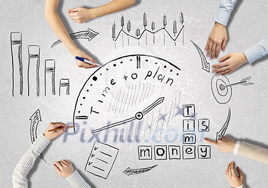 Top view of people hands drawing business teamwork strategy Top view of people hands drawing business teamwork strategy