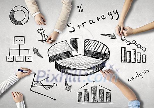 Top view of people hands drawing business teamwork strategy Top view of people hands drawing business teamwork strategy
