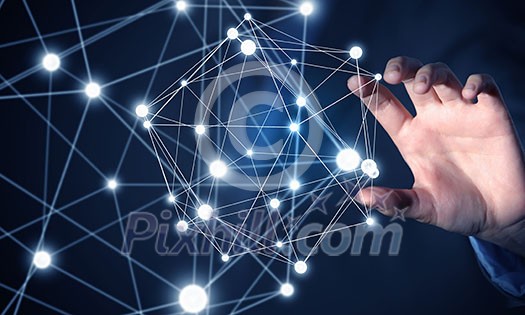 Businessman hand touching with finger digital connection lines on virtual screen