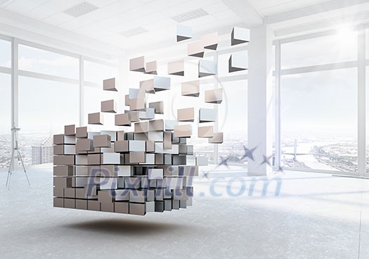 Office window in day lights and digital cube Office window in day lights and digital cube
