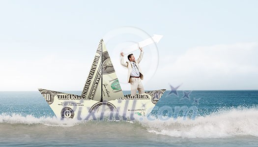 Successful businessman sailing on dollar boat in financial sea Successful businessman sailing on dollar boat in financial sea