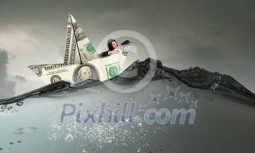 Successful businesswoman sailing on dollar boat in financial sea Successful businesswoman sailing on dollar boat in financial sea