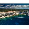 Aerial view of the Old Town of Bonifacio, the limestone cliff, South Coast of Corsica Island, France