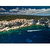 Aerial view of the Old Town of Bonifacio, the limestone cliff, South Coast of Corsica Island, France