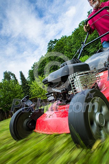 Senior man mowing the lawn in his garden