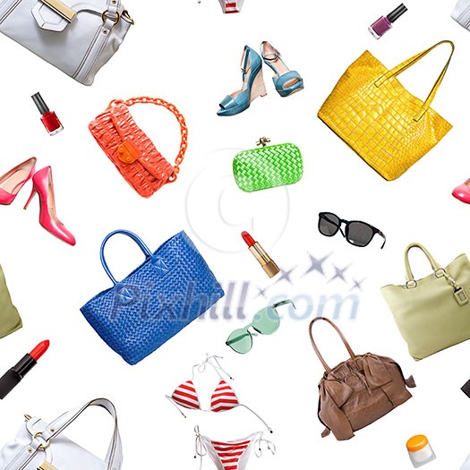 seamless pattern of collection women's accessories. Handbag, shoes, purse and lipstick