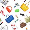 seamless pattern of collection women's accessories. Handbag, shoes, purse and lipstick