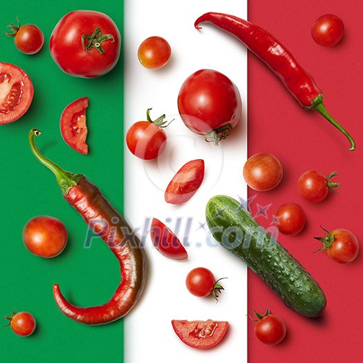 vegetables on the Italian tricolor background. Ingredients for the salad vegetables on the Italian tricolor background. Ingredients for the salad