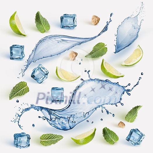 Mohito ingredient: fresh lime slices, mint , water splash, sugar and ice cubes isolated on white background. Mohito ingredient: fresh lime slices, mint , water splash, sugar and ice cubes isolated on white background.