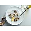 Seafood. Delicious oyster with lemon on white plate and glass wine in the white background