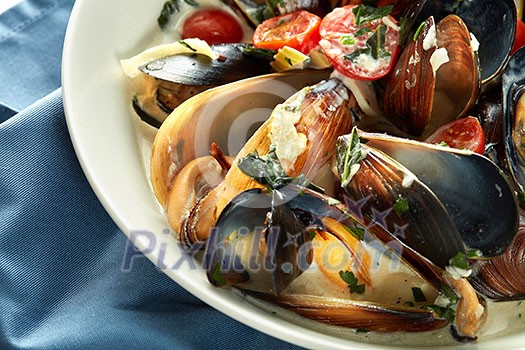 Plate of mussels in garlic sauce horizontal Plate of mussels in garlic sauce horizontal