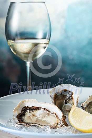 Raw fresh oyster shellfish with lemon in white plate with wine - seafood style