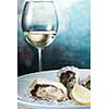 Raw fresh oyster shellfish with lemon in white plate with wine - seafood style