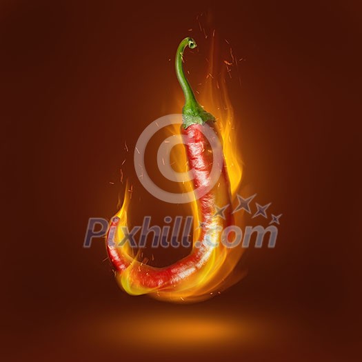 Red hot chili pepper on brown background with flame