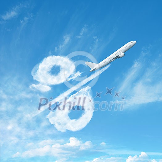 Percentage sign made from clouds and flying plane on blue background