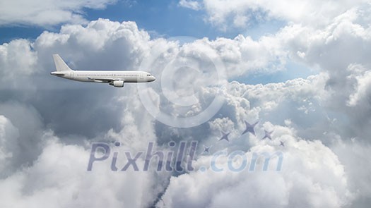 Airplane flying over cloudy sky. Commercial travel airline concept