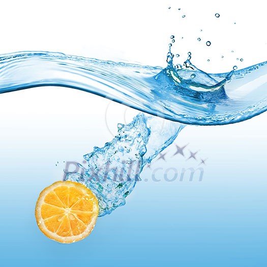 Orange falling into the water isolated on a blue background.