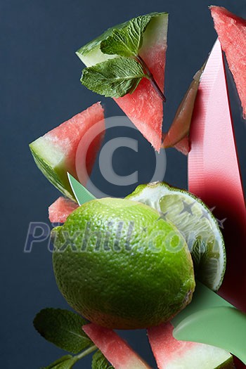 fresh slice watermelon with mint leaf on black background fresh slice watermelon with mint leaf on black background