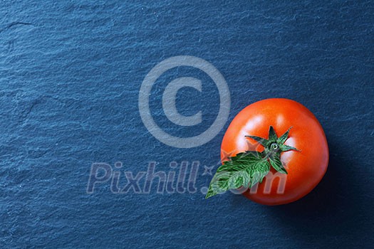 fresh red tomato with green leaves on blue background