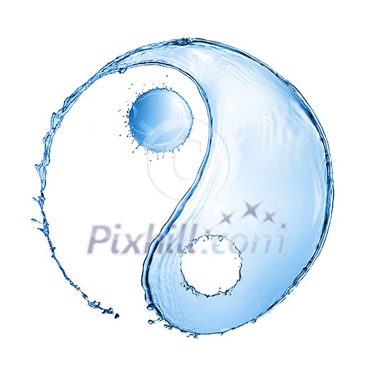 Two water splashes forming the shape of a Yin Yang sign isolated on white background