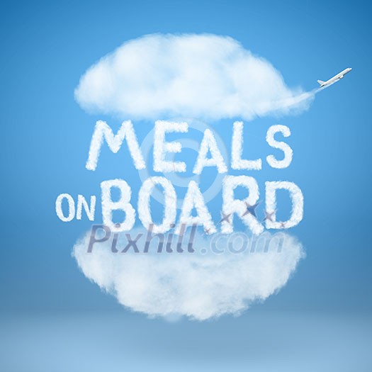 burger made of natural clouds and text Meals on board , Concept Food service on board of the aircraft