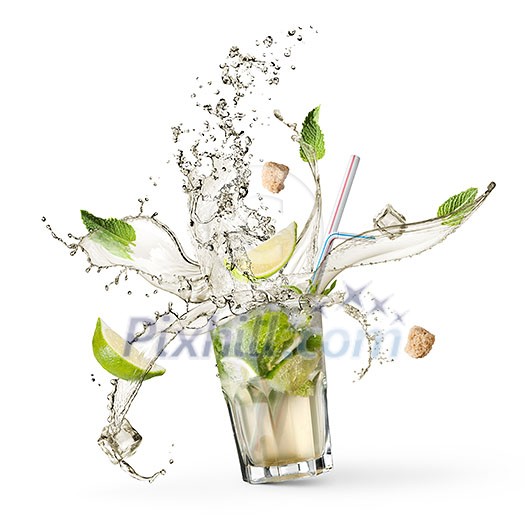 ingredients for a mojito with water falling into a glass on a white background ingredients for a mojito with water falling into a glass on a white background