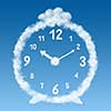 the alarm clock made of clouds on a blue sky background