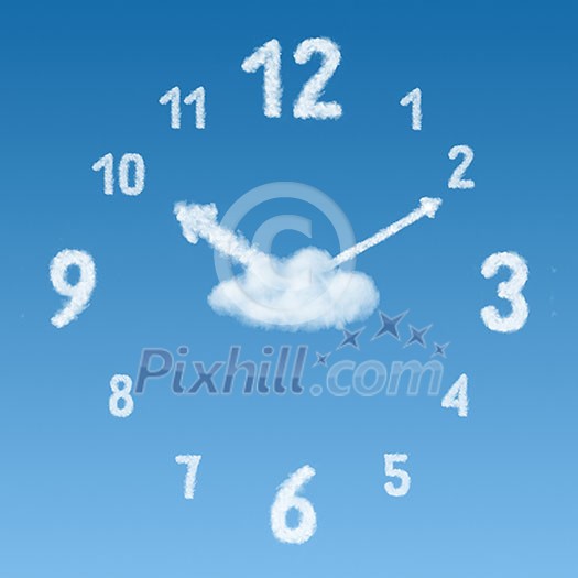 clock on a background of blue sky and clouds of arrows clock on a background of blue sky and clouds of arrows