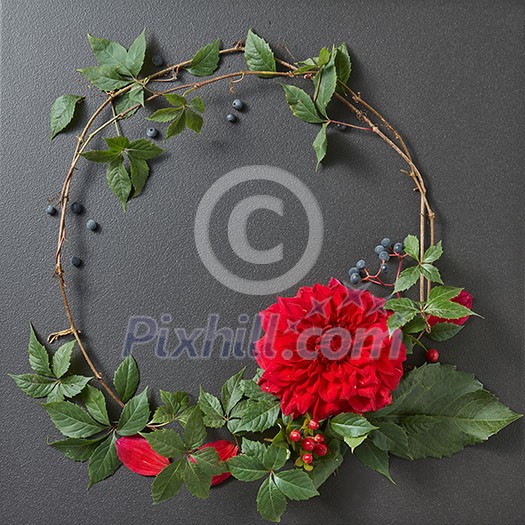 round frame of branches and flower and copycpase for text on black background