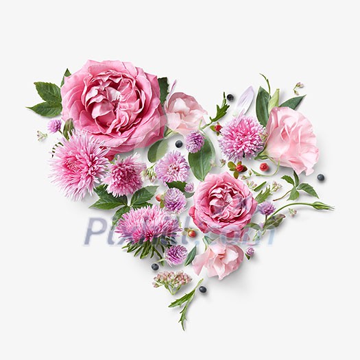 Beautiful pink flowers in a heart on a white background, postcard
