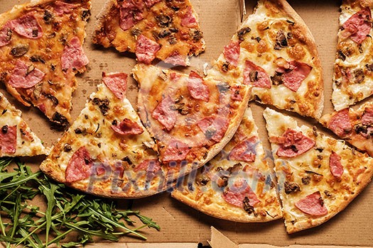 Slices of pizza on cardboard. Top view. Close-up. Slices of pizza on cardboard. Top view. Close-up.