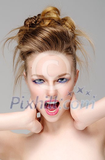Expressive young women. Girl with make-up and hairstyle with expressive emotion.
