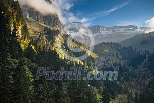 Lovely alpine scenery with beautiful forest,  high mountains and deep valley